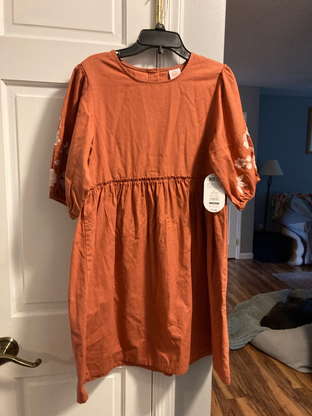 wonder nation Rust Orange Embroidered Puff Sleeve Dress